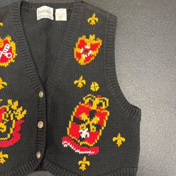 Vintage Jantzen Black Knit Sleeveless Vest Crest Patterns Button-Up Front Size L - Picture 5 of 10
